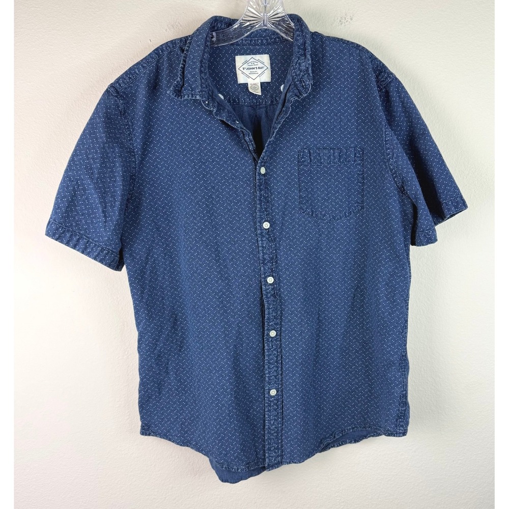 St. John's Bay Shirt Mens XL Blue Micro Dot Short Sleeve Button Down Cotton